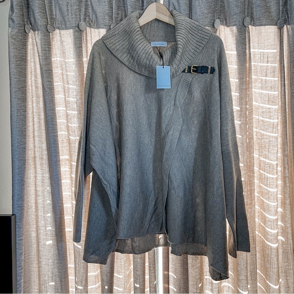 NWT Calvin Klein Tan Leather Buckle Cowl Neck Poncho Sweater Large/Extra Large